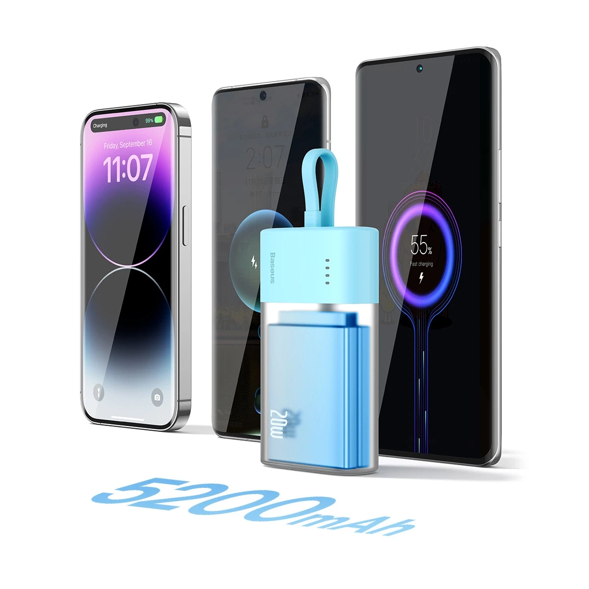 Baseus Popsicle 5200mAh 20W Powerbank with Built-in Lightning kabelis (+ Baltas Baseus Simple USB-C - USB-C 60W/20V/3A/30cm kabelis) - mėlyna-oranžinė aprašymas - Prekės nuotrauka