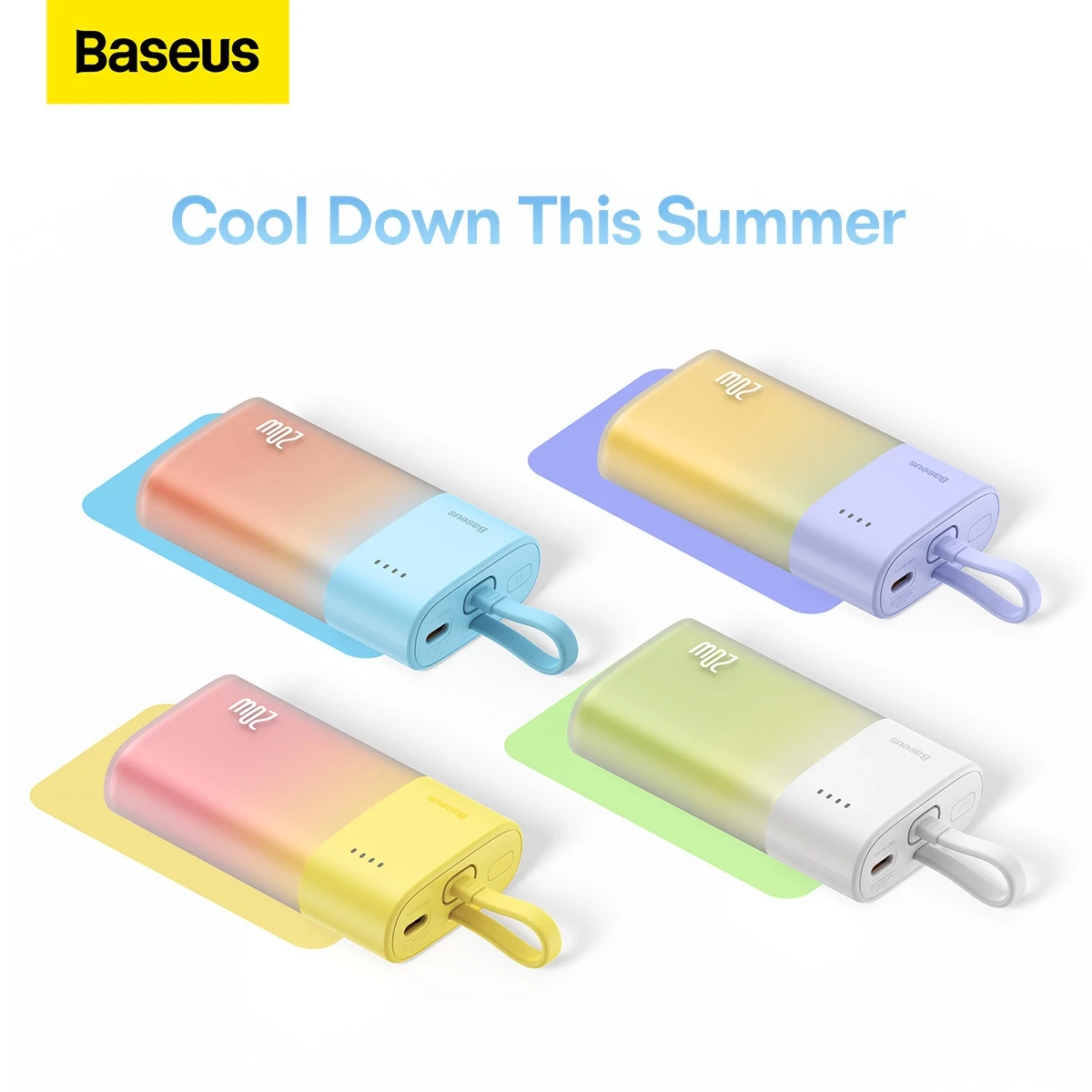 Baseus Popsicle 5200mAh 20W Powerbank with Built-in Lightning kabelis (+ Baltas Baseus Simple USB-C - USB-C 60W/20V/3A/30cm kabelis) - mėlyna-oranžinė aprašymas - Prekės nuotrauka