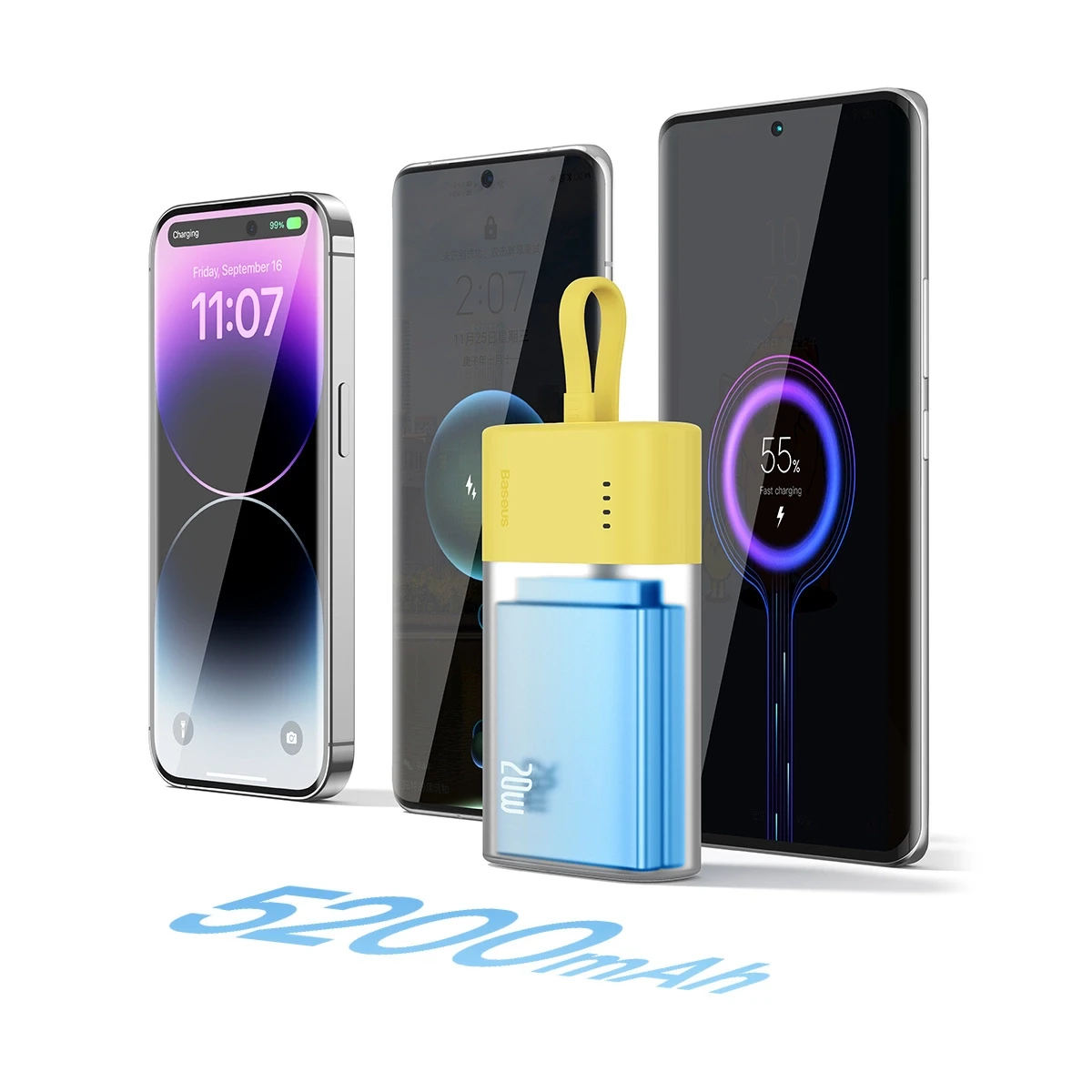 Baseus Popsicle 5200mAh 20W Powerbank with Built-in Lightning kabelis (+ Baltas Baseus Simple USB-C - USB-C 60W/20V/3A/30cm kabelis) - geltona-rožinė aprašymas - Prekės nuotrauka