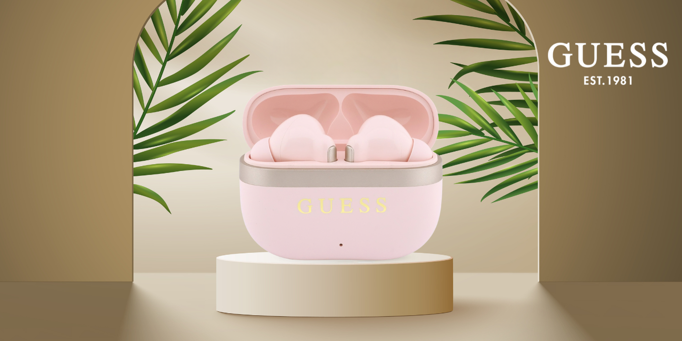 Belaidės ausinės TWS Guess Glossy Auksinė LinePrinted Classic Logo rožinės spalvos aprašymas - Prekės nuotrauka