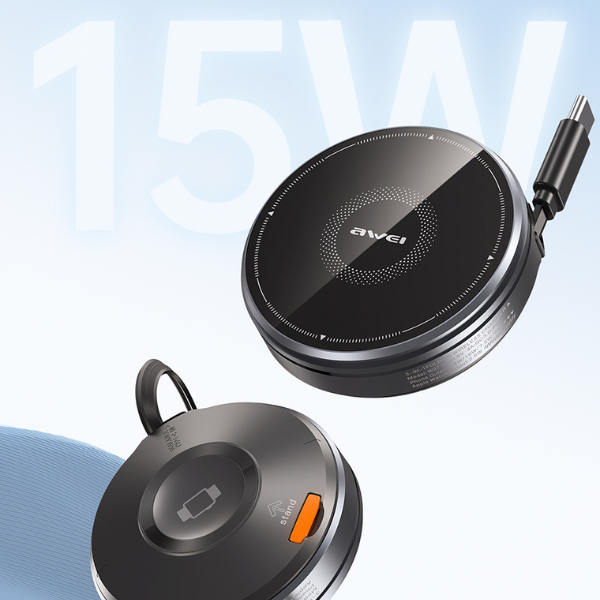 Belaidis įkroviklis 3-in-1 AWEI W27 15W su USB-C laidu, greitas įkrovimas, juodos spalvos aprašymas - Prekės nuotrauka
