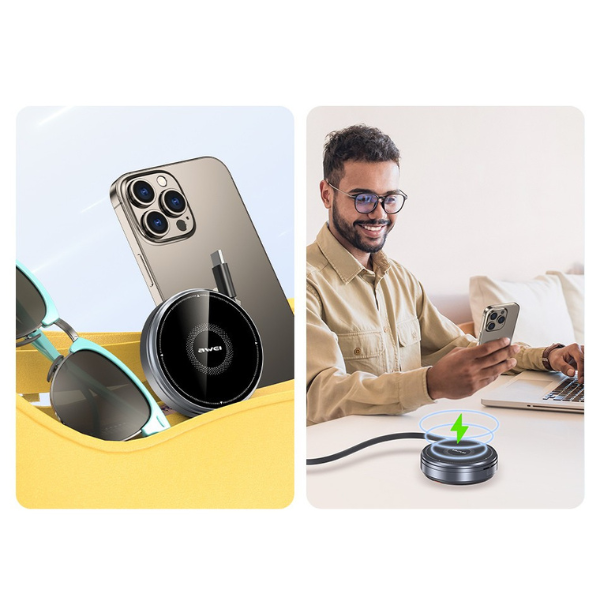 Belaidis įkroviklis 3-in-1 AWEI W27 15W su USB-C laidu, greitas įkrovimas, juodos spalvos aprašymas - Prekės nuotrauka
