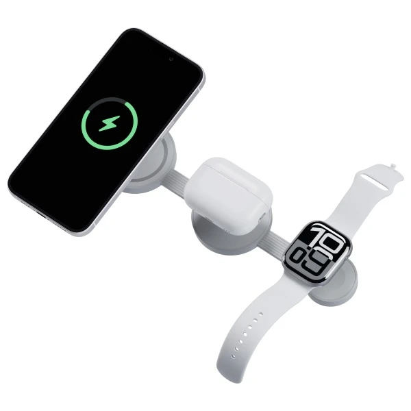 Energea Belaidis įkroviklis Bazic GoMag Trio 2 3in1 15W magnetic skirtas Apple iPhone/Watch/AirPods pilkos spalvos aprašymas - Prekės nuotrauka