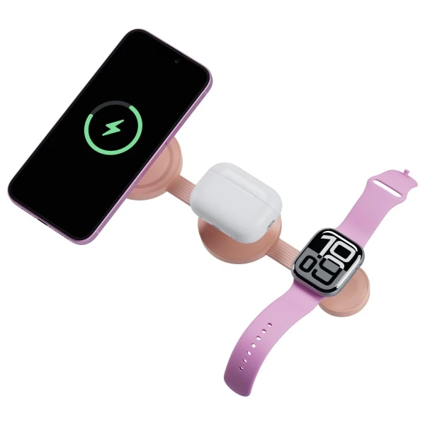 Energea Belaidis įkroviklis Bazic GoMag Trio 2 3in1 15W magnetic skirtas Apple iPhone/Watch/AirPods rožinės spalvos aprašymas - Prekės nuotrauka