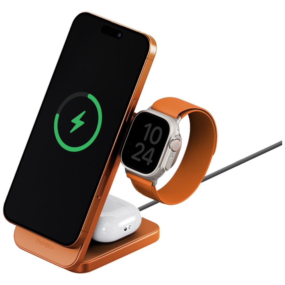 Belaidis įkroviklis Energea MagTrio 2 3-in-1 Qi2 25W foldable oranžinės spalvos aprašymas - Prekės nuotrauka Belaidis įkroviklis Energea MagTrio 2 3-in-1 Qi2 25W foldable oranžinės spalvos aprašymas - Prekės nuotrauka