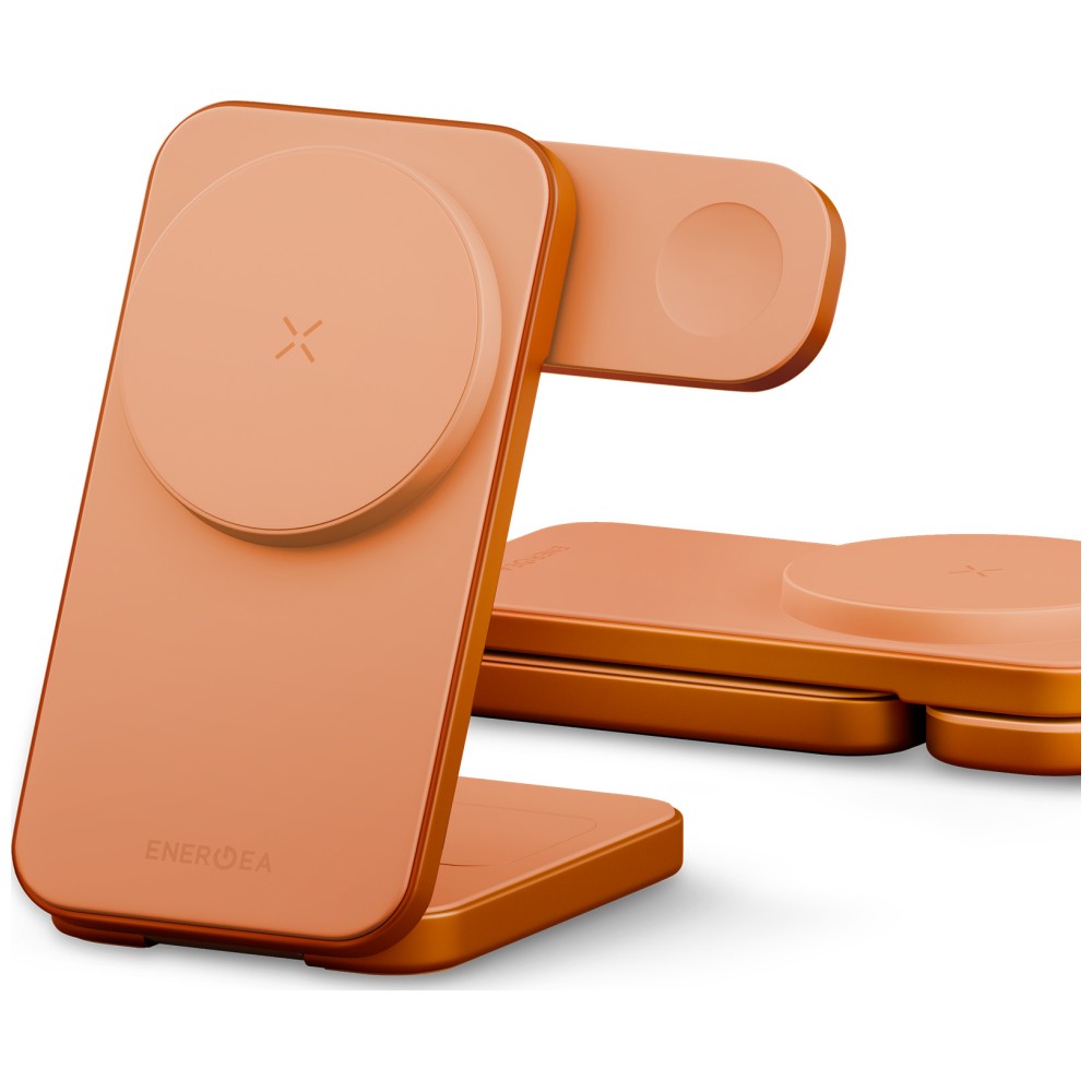 Belaidis įkroviklis Energea MagTrio 2 3-in-1 Qi2 25W foldable oranžinės spalvos aprašymas - Prekės nuotrauka Belaidis įkroviklis Energea MagTrio 2 3-in-1 Qi2 25W foldable oranžinės spalvos aprašymas - Prekės nuotrauka