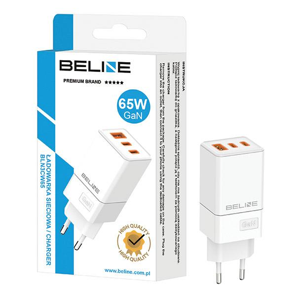 Beline Charger 2x USB-C + 1x USB 65Wbaltos spalvos (only head) PD 3.0 + QC 3.0 BLN3CW65 GaN aprašymas - Prekės nuotrauka