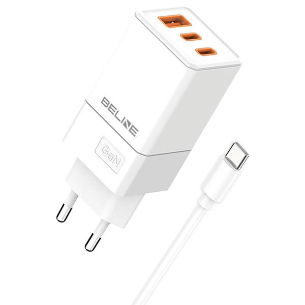 Beline įkroviklis 2x USB-C + 1x USB 65W + USB-C laidas, baltos spalvos, PD 3.0 + QC 3.0 BLN3CW65C GaN aprašymas - Prekės nuotrauka