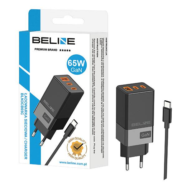 Beline įkroviklis 2x USB-C + 1x USB 65W + USB-C laidas juodos spalvos/juodos spalvos PD 3.0 + QC 3.0 BLN3CB65C GaN aprašymas - Prekės nuotrauka