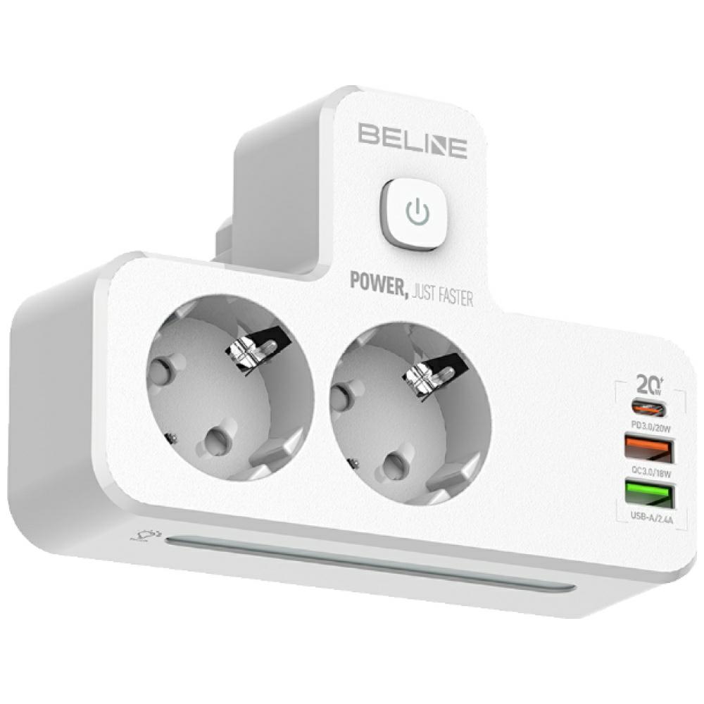 Beline maitinimo laidas su LED apšvietimu 2xUSB-A/USB-C/2xAC baltos spalvos aprašymas - Prekės nuotrauka