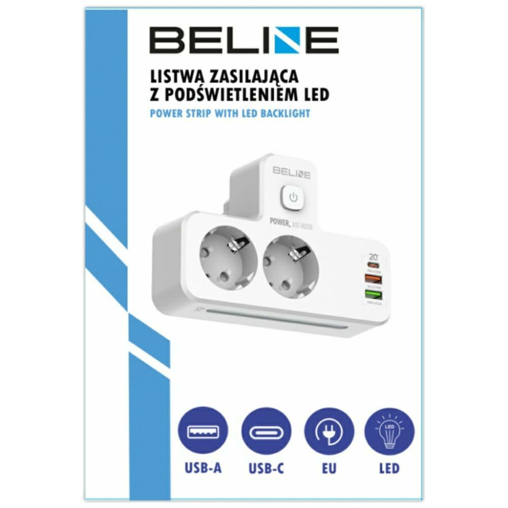 Beline maitinimo laidas su LED apšvietimu 2xUSB-A/USB-C/2xAC baltos spalvos aprašymas - Prekės nuotrauka