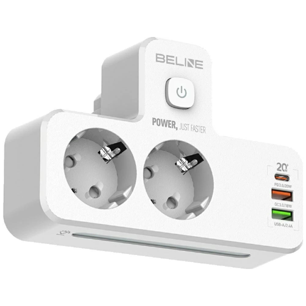Beline maitinimo lizdas su LED apšvietimu 2xUSB-A/USB-C/2xAC baltos spalvos aprašymas - Prekės nuotrauka