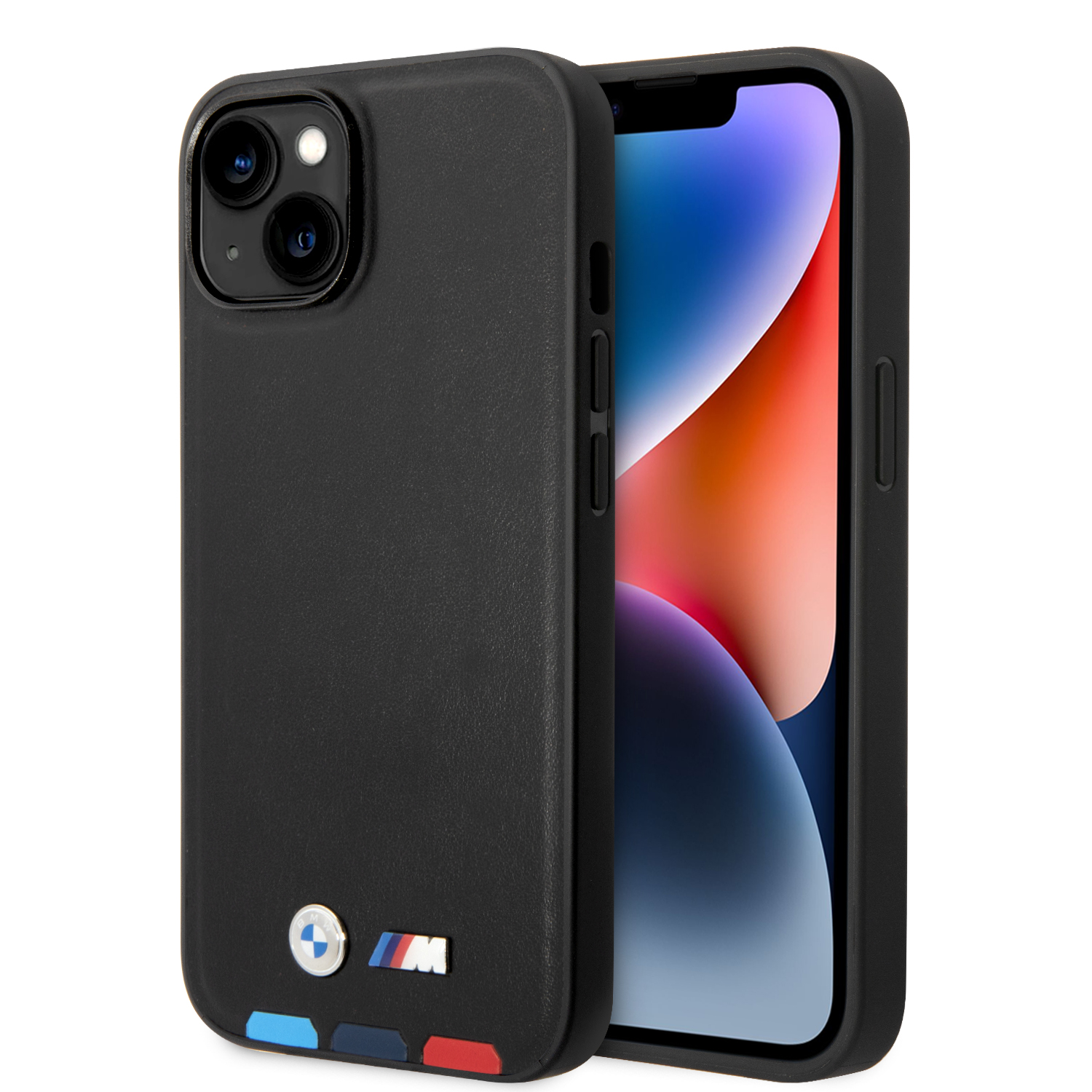 BMW BMHCP14M22PTDK iPhone 14 Plus / 15 Plus 6,7″ juodos spalvos odinis dėklas Leather Stamp Tricolor aprašymas - Prekės nuotrauka