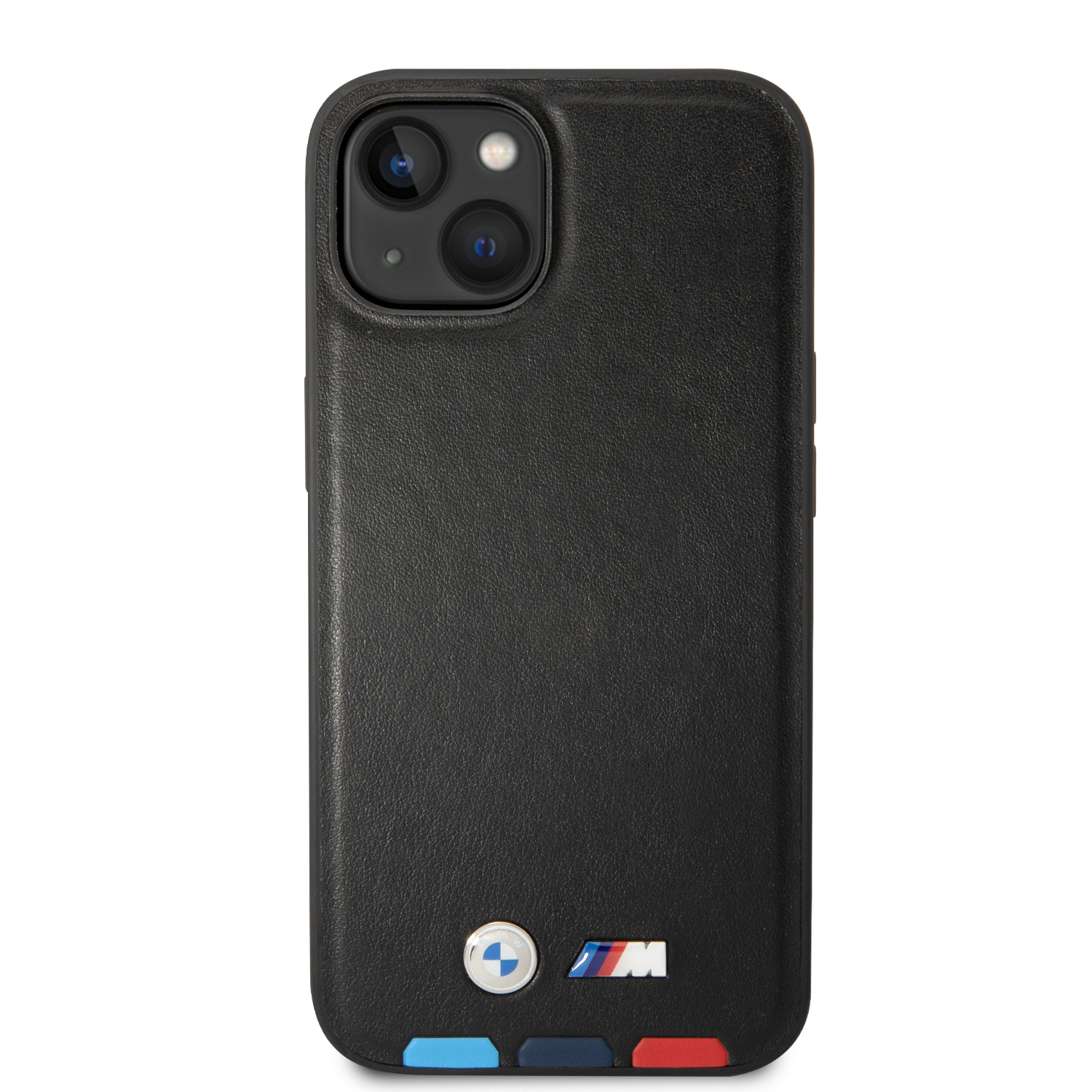 BMW BMHCP14M22PTDK iPhone 14 Plus / 15 Plus 6,7″ juodos spalvos odinis dėklas Leather Stamp Tricolor aprašymas - Prekės nuotrauka