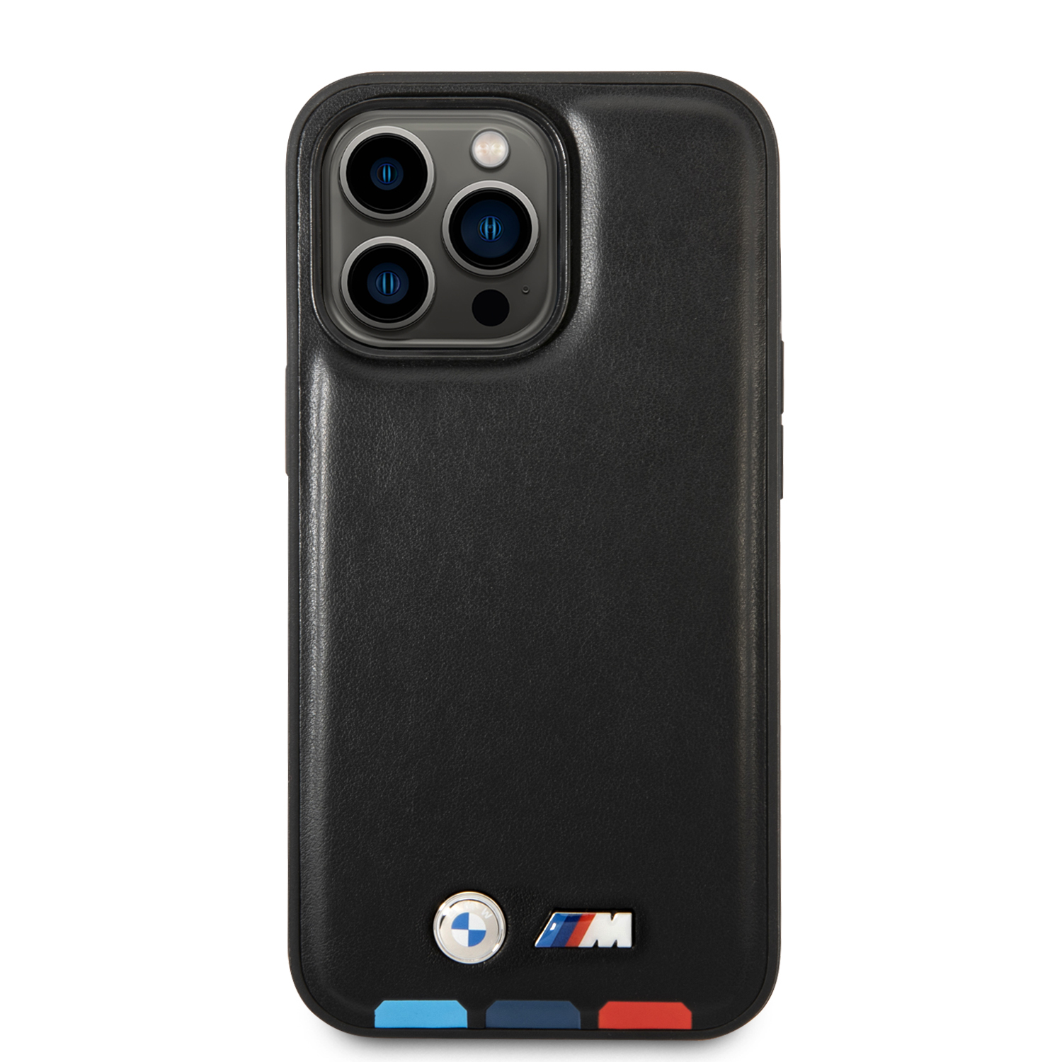 BMW BMHCP15L22PTDK iPhone 15 Pro 6.1″ juodos spalvos odinis dėklas Leather Stamp Tricolor aprašymas - Prekės nuotrauka