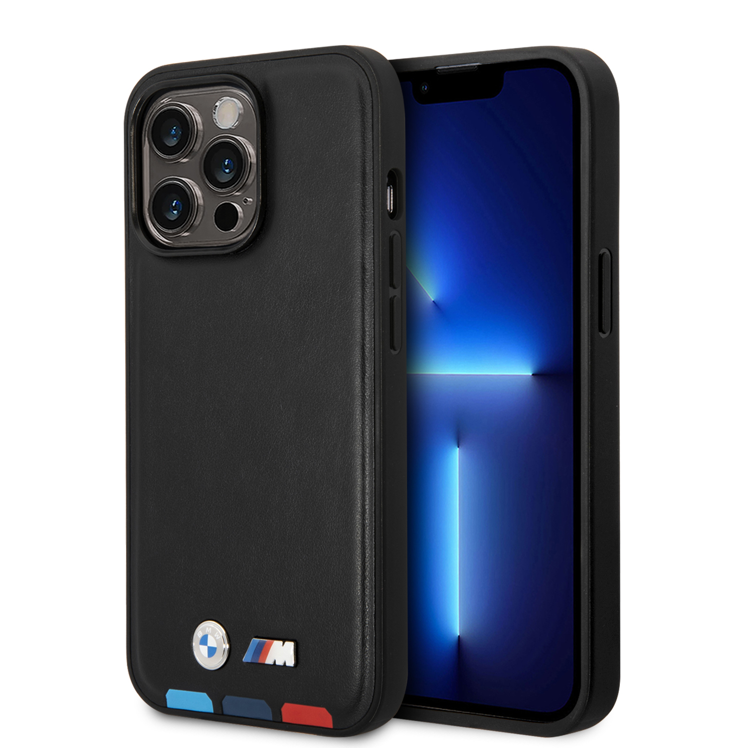 BMW BMHCP15L22PTDK iPhone 15 Pro 6.1″ juodos spalvos odinis dėklas Leather Stamp Tricolor aprašymas - Prekės nuotrauka