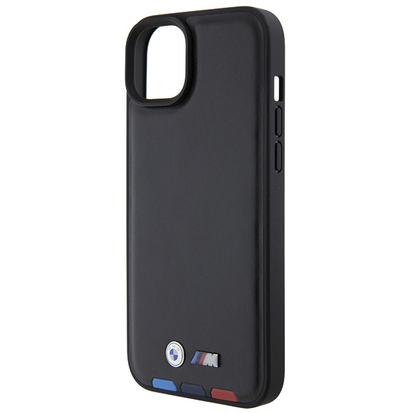 BMW BMHCP15M22PTDK iPhone 15 Plus / 14 Plus 6.7″ juodos spalvos odinis dėklas Leather Stamp Tricolor aprašymas - Prekės nuotrauka