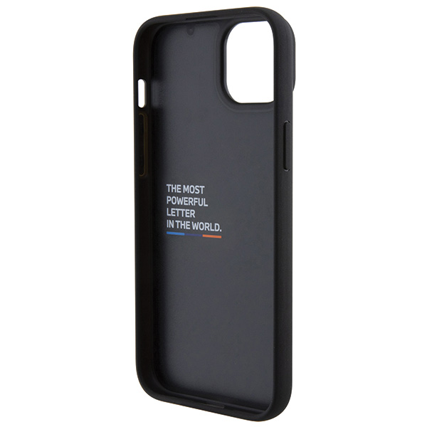 BMW BMHCP15M22PTDK iPhone 15 Plus / 14 Plus 6.7″ juodos spalvos odinis dėklas Leather Stamp Tricolor aprašymas - Prekės nuotrauka