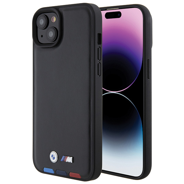 BMW BMHCP15M22PTDK iPhone 15 Plus / 14 Plus 6.7″ juodos spalvos odinis dėklas Leather Stamp Tricolor aprašymas - Prekės nuotrauka