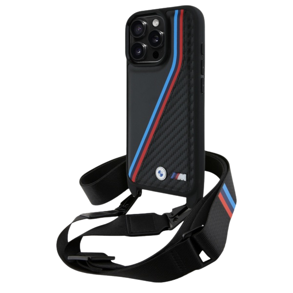 BMW BMHCP16L23PSVTK iPhone 16 Pro 6.3″ juodos spalvos kietas dėklas M Edition Carbon Tricolor Lines & Strap aprašymas - Prekės nuotrauka