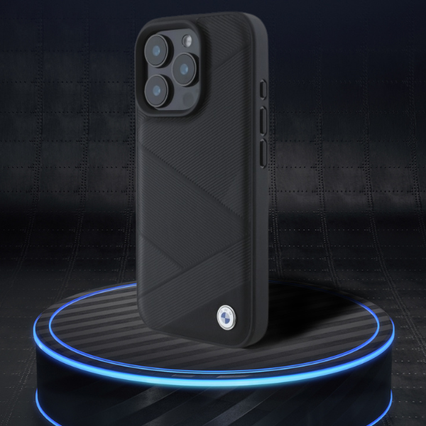 BMW BMHCP16L23RCGPK iPhone 16 Pro 6.3″ juodos spalvos kietas dėklas Sign Leather Crossing Lines Pattern aprašymas - Prekės nuotrauka