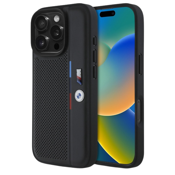 BMW BMHCP16S23 PUPVK Apple iPhone 16 6.1″ juodos spalvos kietas dėklas M Perforated Tricolor Detail Line aprašymas - Prekės nuotrauka