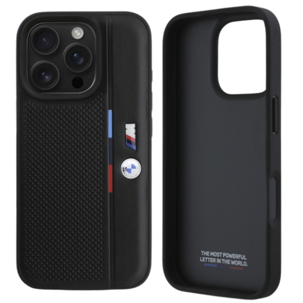 BMW BMHCP16S23 PUPVK Apple iPhone 16 6.1″ juodos spalvos kietas dėklas M Perforated Tricolor Detail Line aprašymas - Prekės nuotrauka