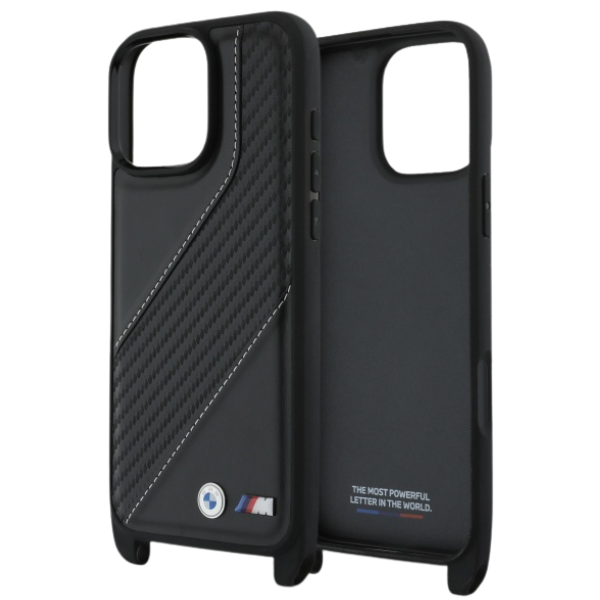 BMW BMHCP16X23PSCCK iPhone 16 Pro Max 6.9″ juodos spalvos kietas dėklas M Edition Carbon Stripe & Strap aprašymas - Prekės nuotrauka