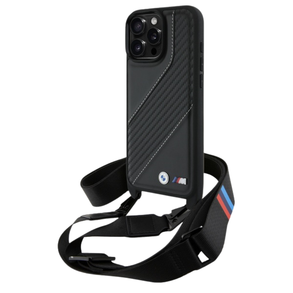 BMW BMHCP16X23PSCCK iPhone 16 Pro Max 6.9″ juodos spalvos kietas dėklas M Edition Carbon Stripe & Strap aprašymas - Prekės nuotrauka