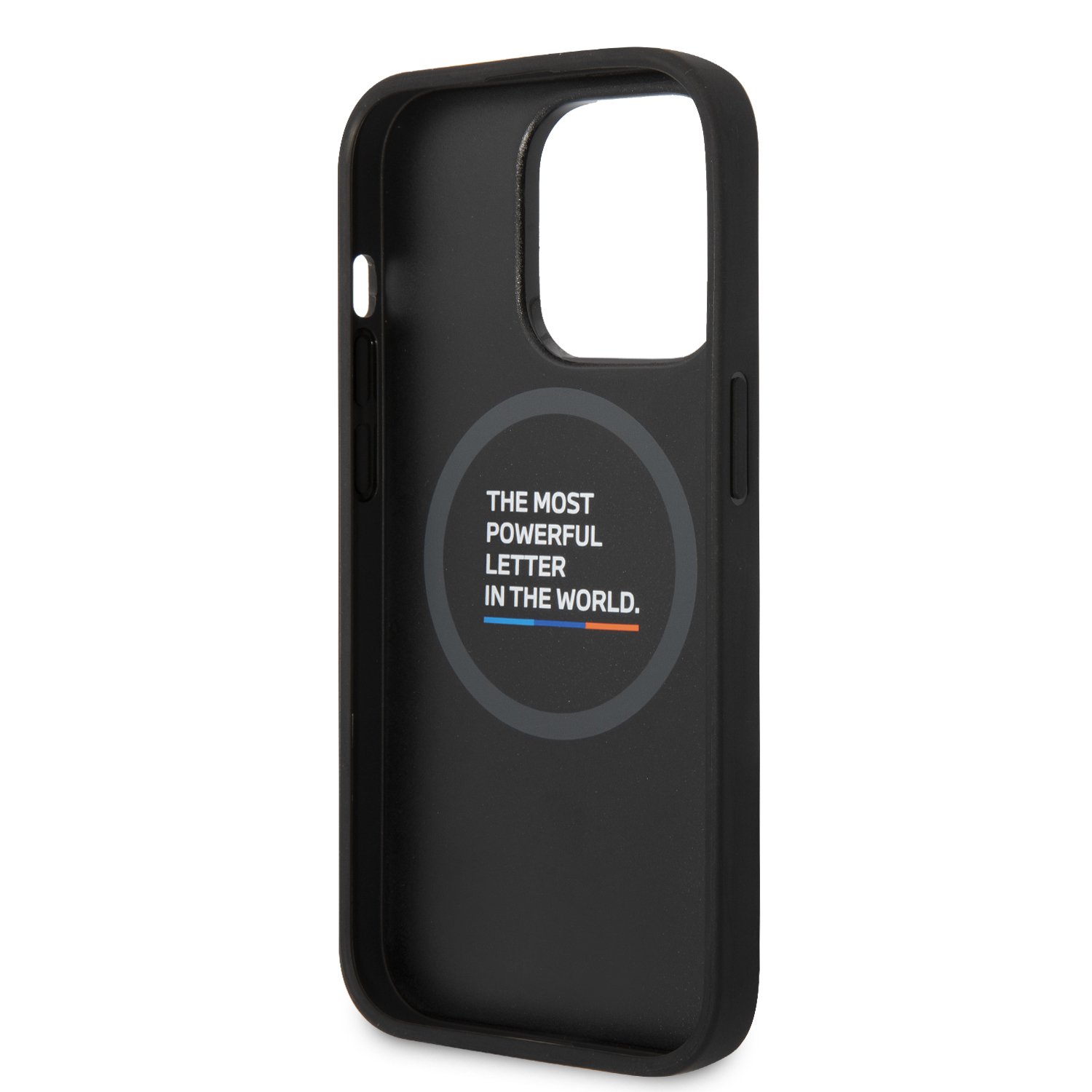 BMW BMHMP14L22PTDK iPhone 14 Pro 6,1″ juodos spalvos odinis „Leather Stamp Tricolor“ dėklas su „MagSafe“ aprašymas - Prekės nuotrauka