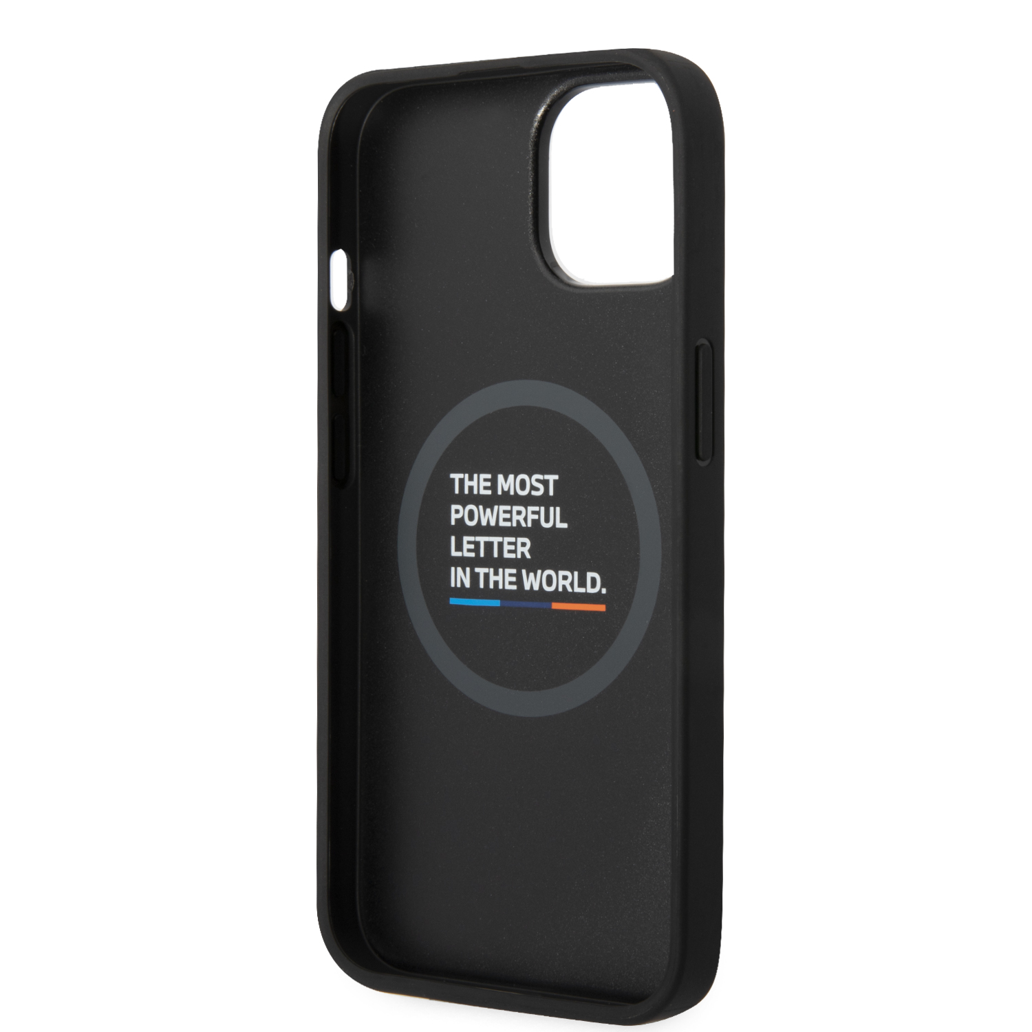 BMW BMHMP14S22PTDK iPhone 14 / 15 / 13 6.1″ juodos spalvos odinis dėklas Leather Stamp Tricolor Magsafe aprašymas - Prekės nuotrauka