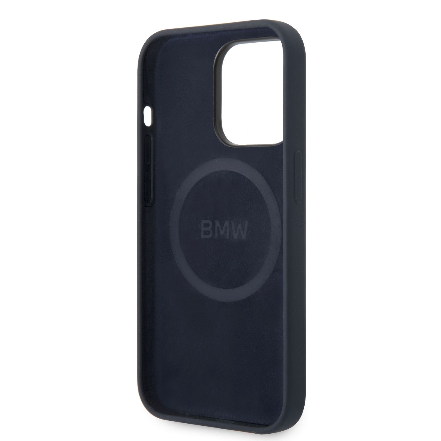 BMW BMHMP14XSILNA iPhone 14 Pro Max 6.7″ tamsiai mėlynas silikoninis dėklas su metaliniu logotipu ir MagSafe funkcija aprašymas - Prekės nuotrauka