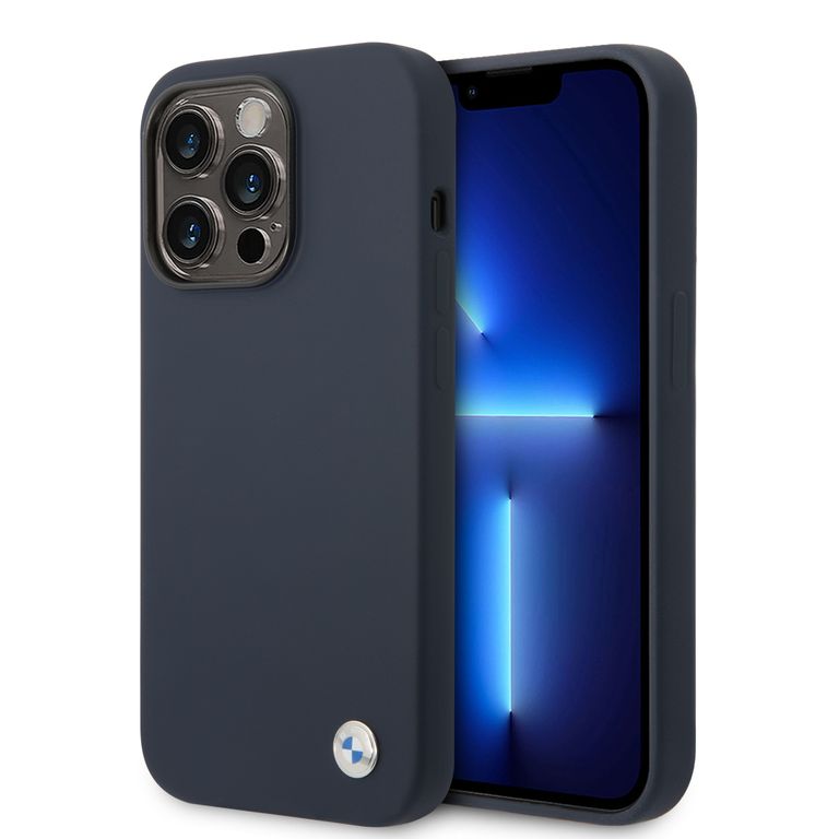 BMW BMHMP14XSILNA iPhone 14 Pro Max 6.7″ tamsiai mėlynas silikoninis dėklas su metaliniu logotipu ir MagSafe funkcija aprašymas - Prekės nuotrauka