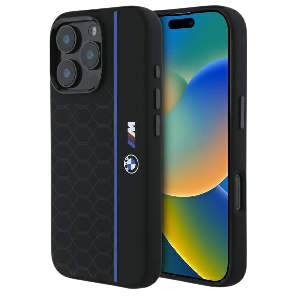 BMW BMHMP16S23SHEB iPhone 16 6.1″ juodos spalvos kietas dėklas Silicone Hexagon Mėlyna Line MagSafe aprašymas - Prekės nuotrauka