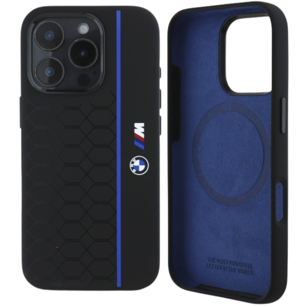 BMW BMHMP16S23SHEB iPhone 16 6.1″ juodos spalvos kietas dėklas Silicone Hexagon Mėlyna Line MagSafe aprašymas - Prekės nuotrauka