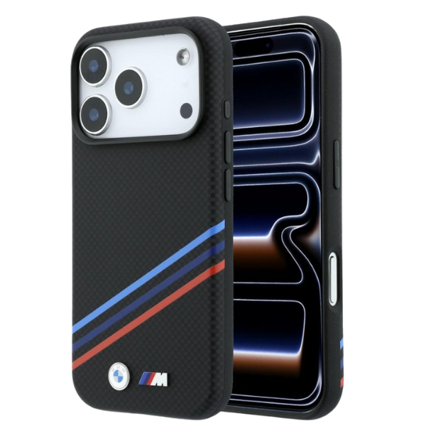 BMW M Quadrille dėklas su Kevlar raštu, tricolor linijomis ir metaliniu logotipu, MagSafe, skirtas iPhone 18 Pro / 17 Pro aprašymas - Prekės nuotrauka