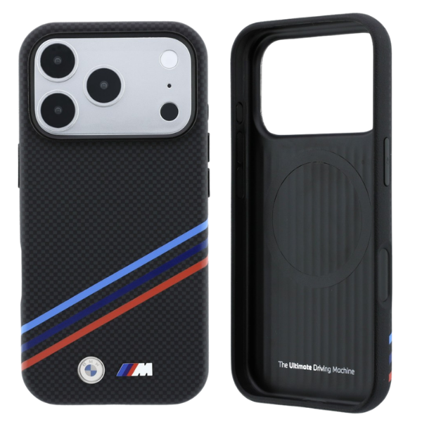 BMW M Quadrille dėklas su Kevlar raštu, tricolor linijomis ir metaliniu logotipu, MagSafe, skirtas iPhone 18 Pro / 17 Pro aprašymas - Prekės nuotrauka