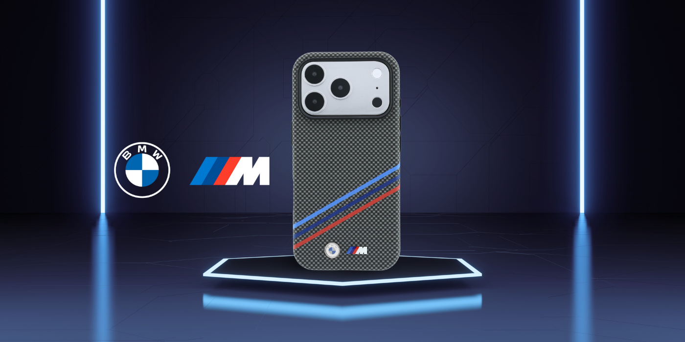 BMW M Quadrille Kevlar rašto trijų spalvų linijų ir metalinio logotipo MagSafe dėklas, skirtas iPhone 18 Pro / 17 Pro aprašymas - Prekės nuotrauka