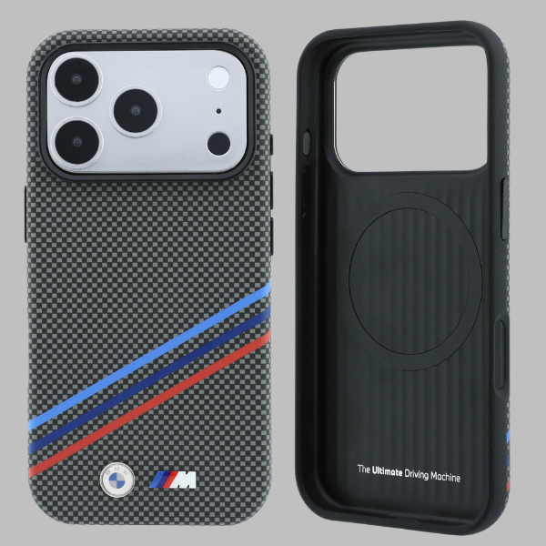 BMW M Quadrille Kevlar rašto trijų spalvų linijų ir metalinio logotipo MagSafe dėklas, skirtas iPhone 18 Pro / 17 Pro aprašymas - Prekės nuotrauka