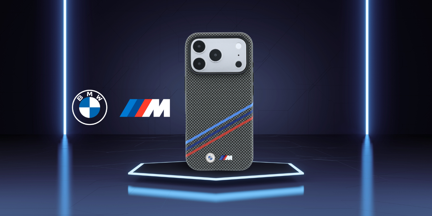 BMW M Quadrille Kevlar rašto trijų spalvų linijų ir metalinio logotipo MagSafe dėklas, skirtas iPhone 18 Pro Max / 17 Pro aprašymas - Prekės nuotrauka