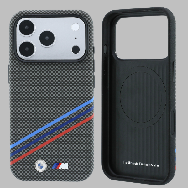 BMW M Quadrille Kevlar rašto trijų spalvų linijų ir metalinio logotipo MagSafe dėklas, skirtas iPhone 18 Pro Max / 17 Pro aprašymas - Prekės nuotrauka