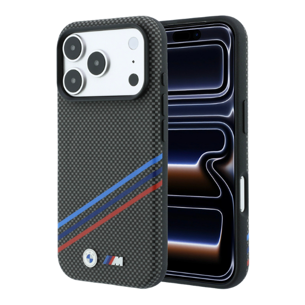 BMW M Quadrille Kevlar rašto trijų spalvų linijų ir metalinio logotipo MagSafe dėklas, skirtas iPhone 18 Pro Max / 17 Pro aprašymas - Prekės nuotrauka