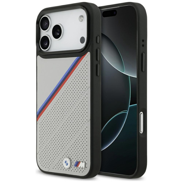 BMW M Tricolor Metal Logo MagSafe dėklas Apple iPhone 17 Pro Max pilkos spalvos aprašymas - Prekės nuotrauka