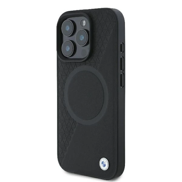 BMW Signature Leather Half Textured & Circle MagSafe Apple iPhone 16 Pro - dėklas telefonui juodos spalvos aprašymas - Prekės nuotrauka