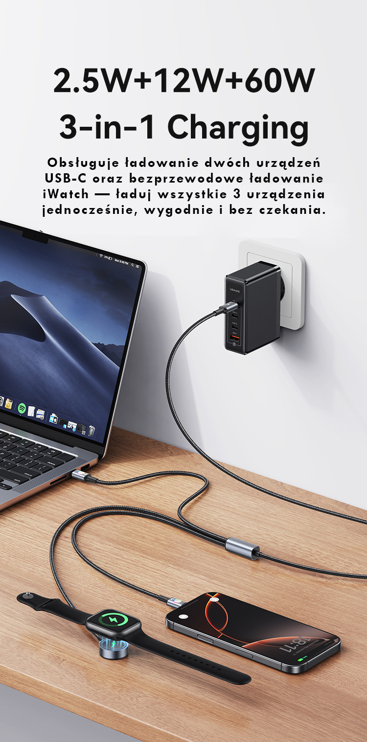 Cable USAMS Huan Series SJ754 72W USB-C to USB-C + USB-C + Belaidis įkroviklis skirtas watch tarnish aprašymas - Prekės nuotrauka