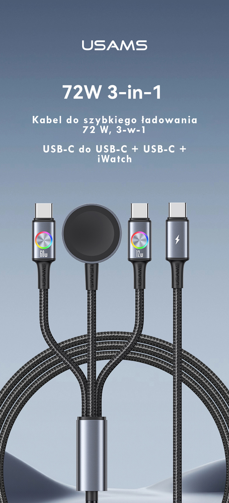 Cable USAMS Huan Series SJ754 72W USB-C to USB-C + USB-C + Belaidis įkroviklis skirtas watch tarnish aprašymas - Prekės nuotrauka