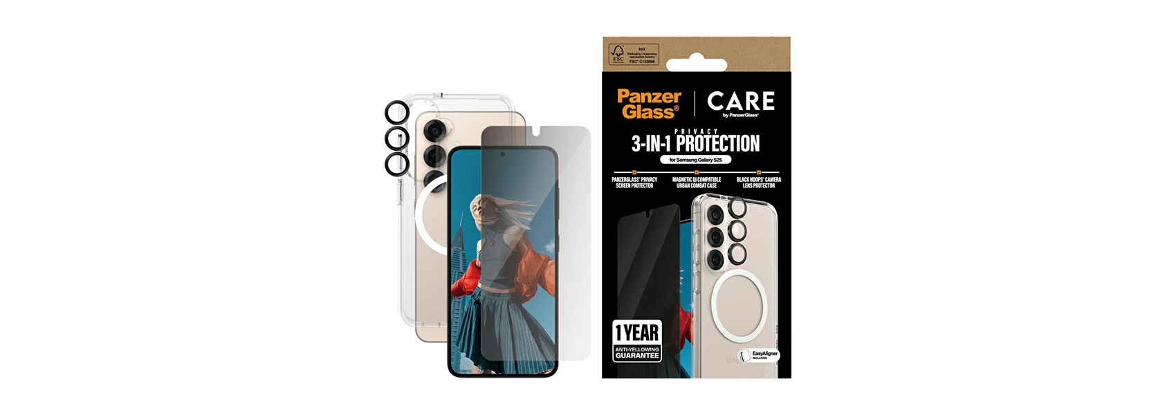 „Panzer Glass CARE“, „PanzerGlass Flagship 3in1“ dėklas + privatumo stiklas + objektyvas „Samsung Galaxy S25 Plus“ aprašymas - Prekės nuotrauka „Panzer Glass CARE“, „PanzerGlass Flagship 3in1“ dėklas + privatumo stiklas + objektyvas „Samsung Galaxy S25 Plus“ aprašymas - Prekės nuotrauka