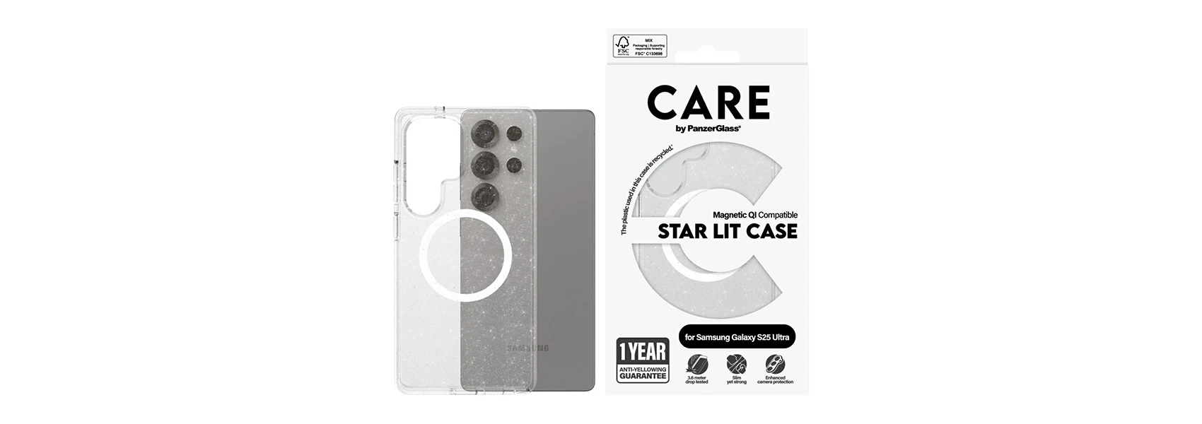 Panzer Glass CARE by PanzerGlass Flagship Urban Combat StarLight Baltas QI Samsung Galaxy S25 Ultra dėklas telefonui skaidrus aprašymas - Prekės nuotrauka