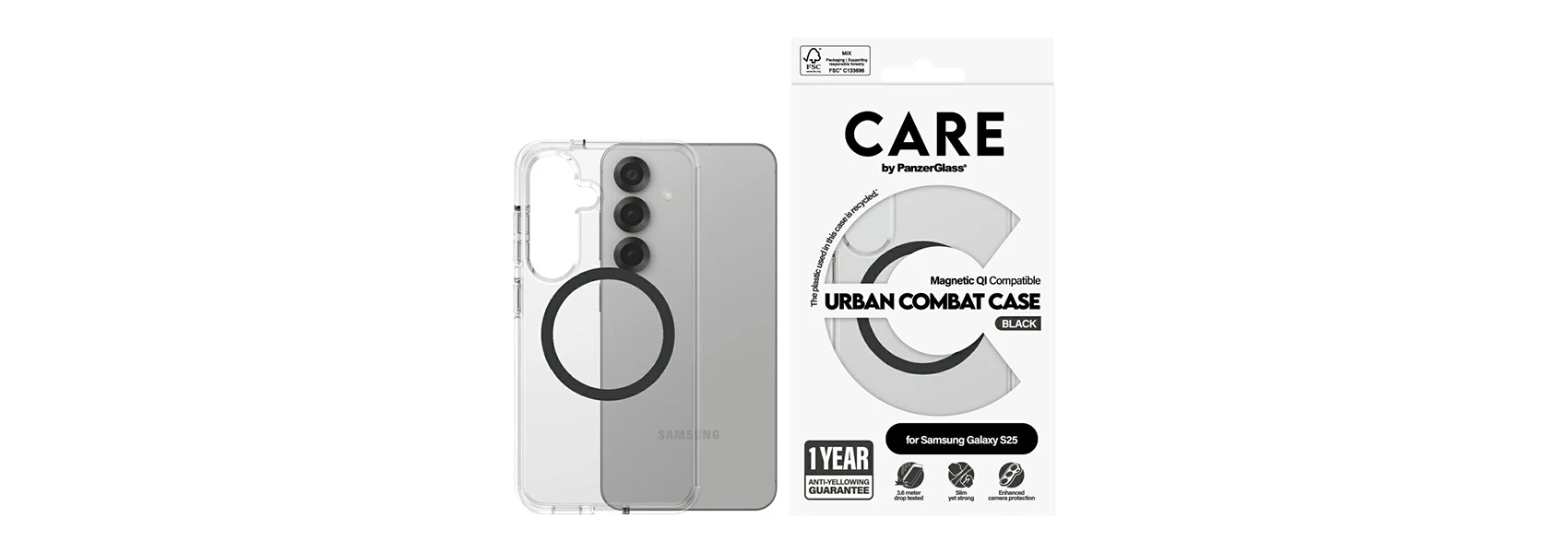 Panzer Glass CARE by PanzerGlass Flagship Urban Combat Juodas QI Samsung Galaxy S25 dėklas telefonui skaidrus aprašymas - Prekės nuotrauka