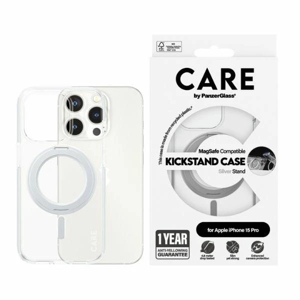 Panzer Glass Care by PanzerGlass Kickstand MagSafe Apple iPhone 15 Pro - dėklas telefonui sidabro spalvos aprašymas - Prekės nuotrauka
